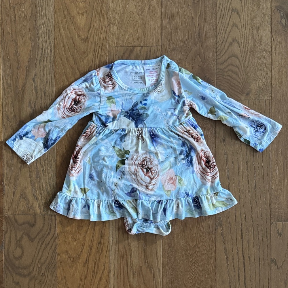 Posh Peanut Light Blue Floral Long Sleeve Baby dress romper 18-24